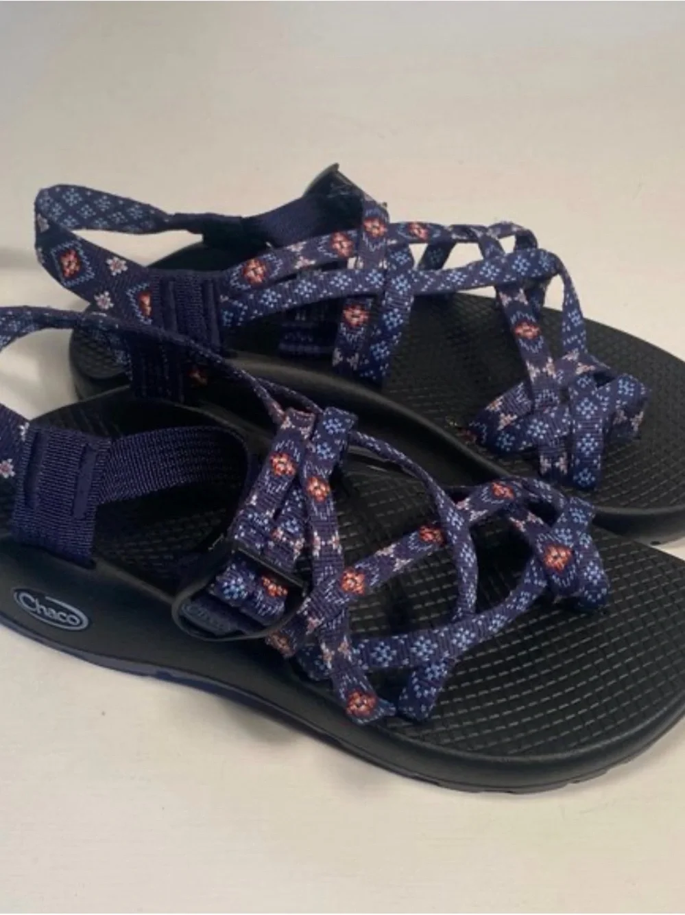 Chaco Women's Navy Patterned Strap Sandals with Black Footbed